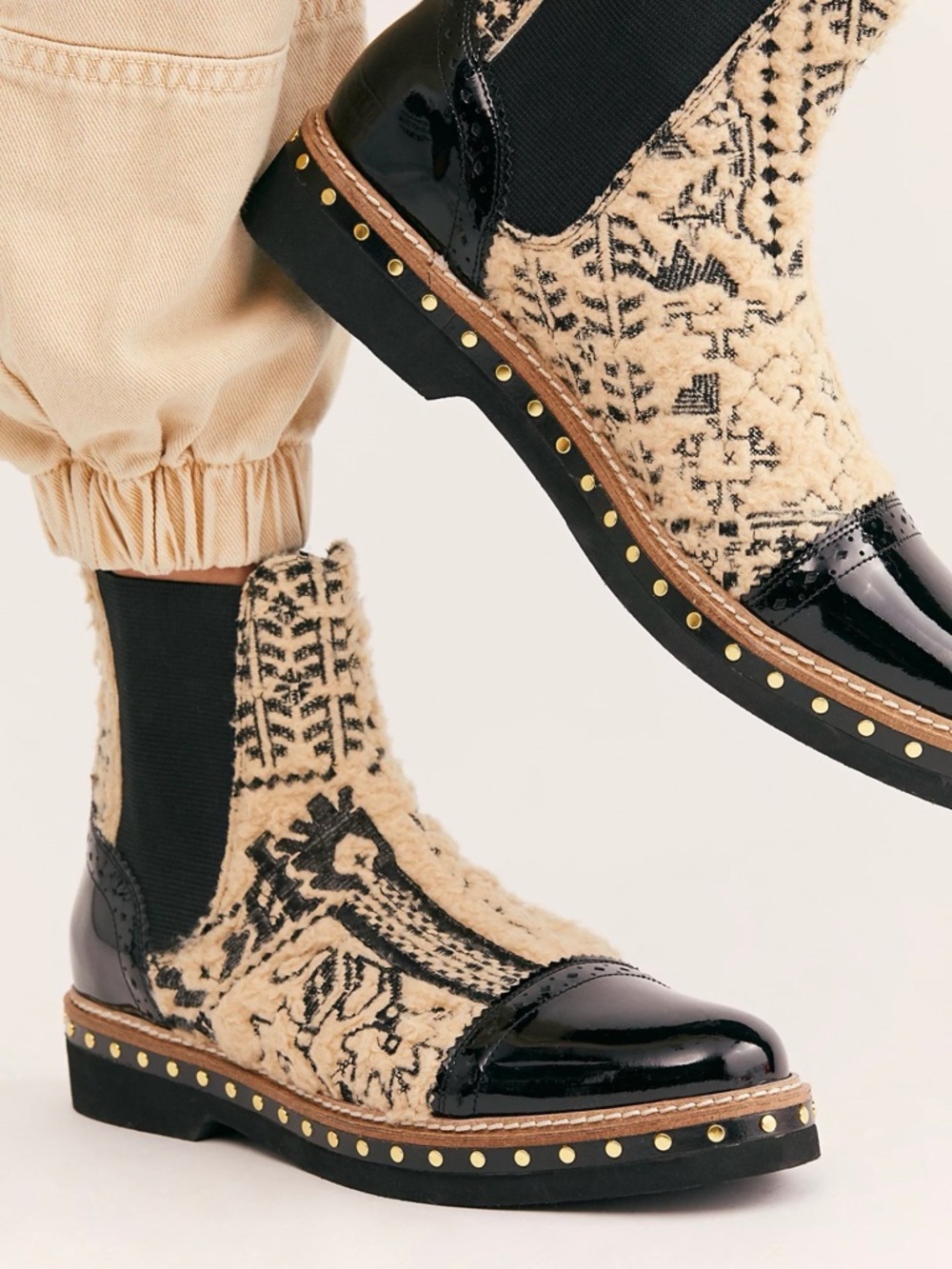 Free People Cream & Black Wool-Pattern Chelsea Boot with Patent Cap